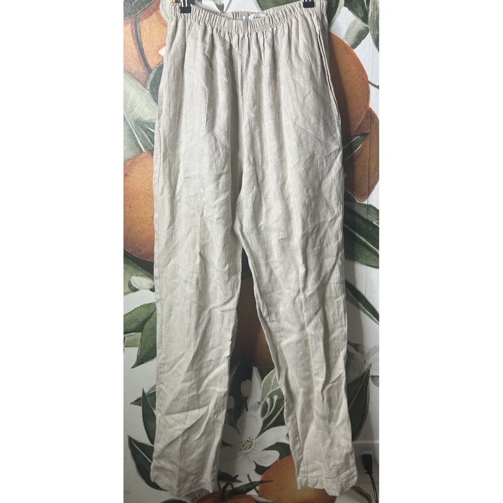 Cut Loose Beige Small  100% Linen Elastic Waist Pants Straight Casual‎